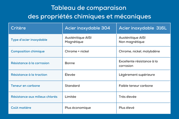 Tableau de comparaison des propriétés chimiques et mécaniques inox 304 vs 316L